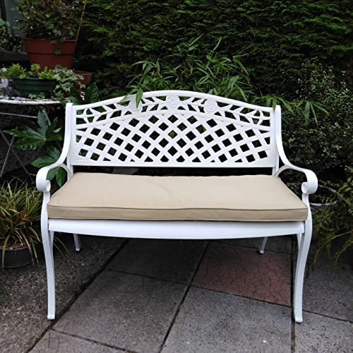 Lazy Susan Rose Gartenbank in Weiß, Beige Sitzkissen | Sandguss-Aluminium | Wetterfest | Rostfrei | Wartungsarm | 3 Jahre Garantie