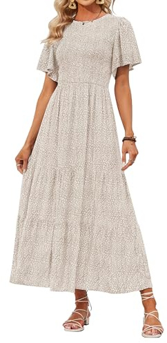 ZESICA Women's 2025 Summer Casual Floral Print Short Flutter Sleeve Crew Neck Smocked High Waist Flowy Maxi Dress,Beige,Medium