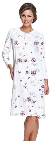 e.Femme® Camicia da Notte da Donna Kate 1029, a Maniche Lunghe, in 100% Cotone, Bianco/Melanzana., 44