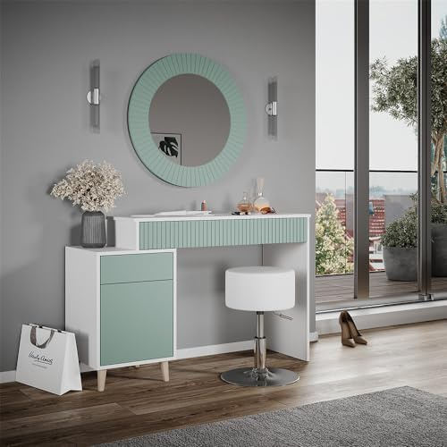 Vicco Schminktisch Grün Arles 120x77.2x40 cm - Frisiertisch, Runder Spiegel für volle, klare Sicht bei jeder Beauty-Routine