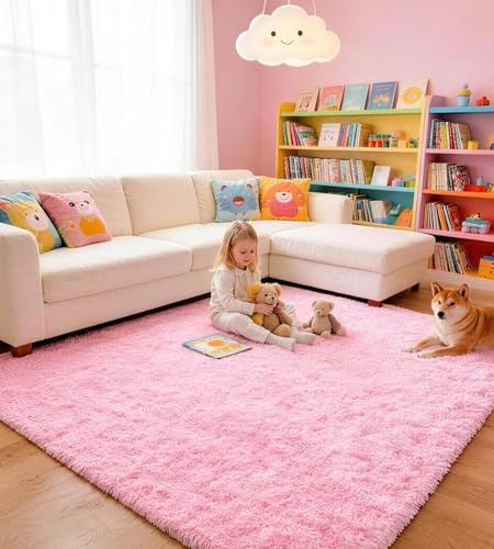VOFUSHON Teppich Wohnzimmer 160 x 230 cm Rosa Waschbare rutschfeste Teppiche Weich Flauschig Rug Wohnzimmerteppiche