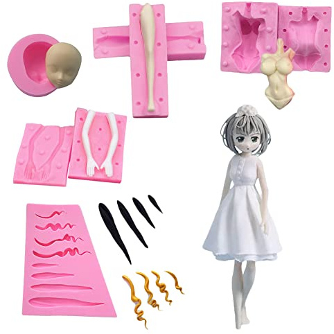 3D Doll Body Leg Arm Face Head Silicone Mold Q Version Dolls Model Fondant Craft Clay Resin Mould DIY Cake Decorating Supplies Baking Tool (5 PCS)