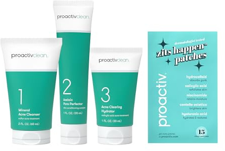 Proactiv Clean 3 Step Acne Routine w/ Pimple Patches- Sulfur Acne Treatment Cleanser, Azelaic Acid Serum, and Facial Moisturizer for Sensitive, Acne-Prone Skin- 30 Day Acne Kit with Pimple Patches