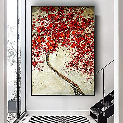 HOLEILUCK Rotes Geldbaum-Wandgemälde, moderne Innenlandschaft, Wandkunstbild, fertig zum Aufhängen, Gemälde auf Leinwand, Heimdekoration, 40 x 65 cm/16 x 26 Zoll mit schwarzem Rahmen