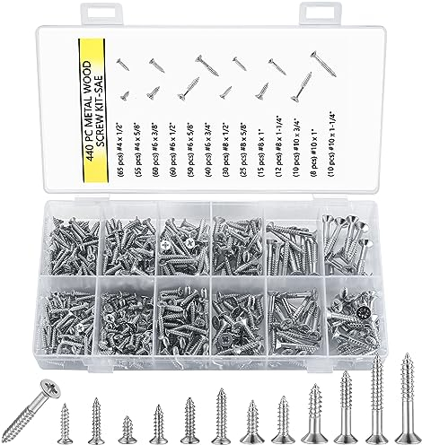 440 Pcs Wood Screws, M3 M3.5 M4.2 M4.8 Self Tapping, Countersunk Flat Head, Silver Cross Head Self Drilling for Furniture Brick Masonry Chipboard Fastening