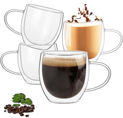 Double Walled Glass Coffee Mugs, Set of 4 Clear Glass Coffee Mugs with Handle, 250ML Glass Tea Cups, Insulated Coffee Mug for Latte, Cappuccinos, Hot/Cold Drink, Black Tea