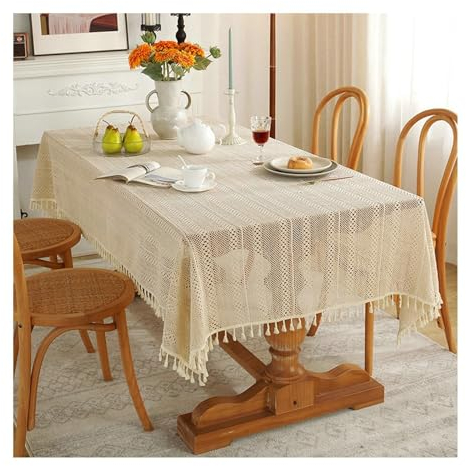 BCughia Tischdecke 180x180CM Rechteckig, Tischdecke Fleckabweisend Polyester Baumwolle Hohl Streifen mit Quasten Tischdecke für Küche,Esszimmer,Tischdekoration, Khaki