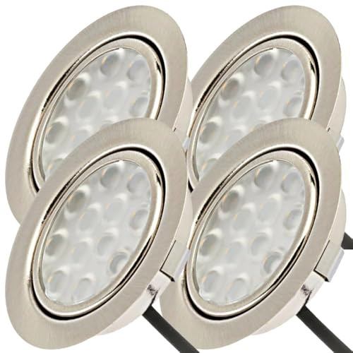 Lichtfaktor24 Möbeleinbauleuchten 65mm LED 12V super flach 4 x 3W Einbaustrahler Leonie inkl. Kabel mit Mini Stecker 3000K Warmweiß Lochausschnitt: 55 bis 60mm