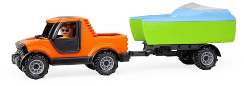 Lena® Set Truckies Pickup mit Boaties Anhänger und Segelboot 35 cm, passend für alle Boaties, Führerhaus zum Öffnen, inkl. Spielfigur, ab 2 Jahren