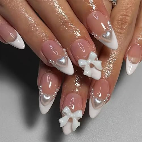 Irikdescia Lot de 24 faux ongles à coller, press-on nails brillants, manucure française en amande, avec nœuds et perles, blanc
