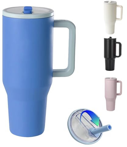 ZHUIYIWIN Thermobecher, Kaffeebecher to Go Thermobecher, Perfekt für Heiße & Kalte Getränke, Vakuum Auslaufsicher Trinkbecher mit Strohhalm und Henkel, Isolierflasche Trinkflasche, Blau, 40OZ