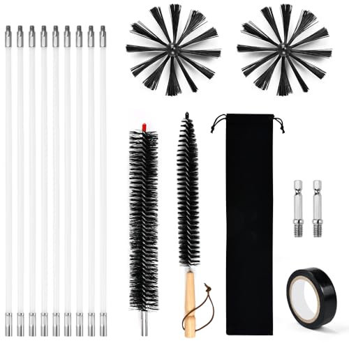 KYYGKY Kit de Ramonage, Brosses de Cheminée, Brosse Nettoyage Cheminée avec 9 Tiges de 410mm 2 Brosses 150 mm 1 Brosse Manche Bois 1 Brosse Longue 1 Ruban Adhésif 2 Tiges Hexagonales 1 Sac en Tissu