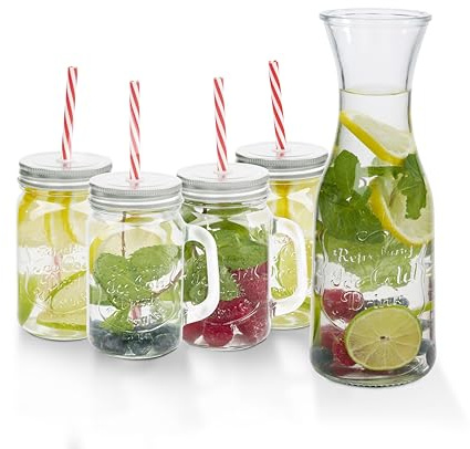 alpina Juego de 6 vasos con jarra, vasos para agua y bebidas, juego de vasos de agua con 4 vasos y tapa, estilo Mason Jar, jarra de cristal de 1 litro