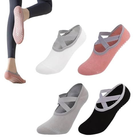 Hotcho Pilates Socks Non-Slip 4 Pairs - Women's Yoga Socks with Grips & Straps for Pilates Equipment, Barre Workout & Ballet - Breathable Cotton Crew Socks (Black/White/Grey/Pink)