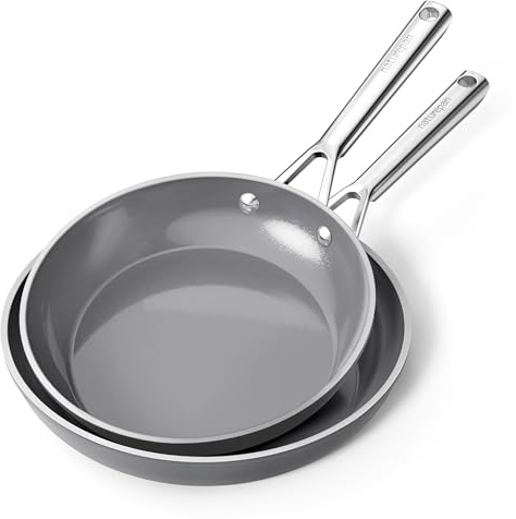 naturepan Pfannenset Keramik Induktion (24+28cm), DiamondTitan-Keramikbeschichtung, Antihaft Bratpfanne mit Edelstahlgriff, PTFE-frei PFAS-frei PFOA-frei, Backofenfest, spülmaschinenfest (Grau)