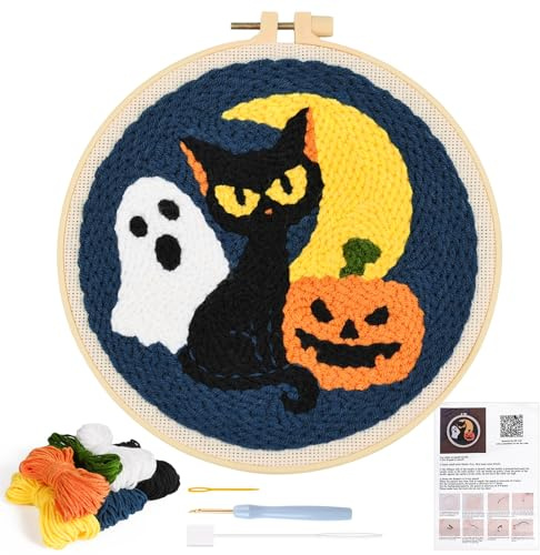 JSRQT Punch Needle Embroidery Starter Kits Halloween Beginner Hooking Black Cat Pumpkin DIY Handcraft Craft Tools Pinch for Adults with Instructions Hoop Cross Stitch Yarn Rug Accessories