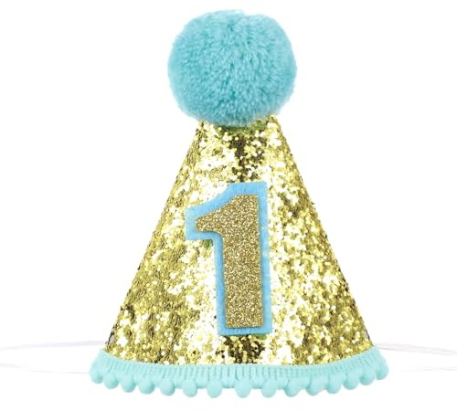 Bremorou Hut zum 1. Geburtstag, Kegelhut für den ersten Geburtstag, Partyhüte, Geburtstage, glitzernde Kegelhüte (blau)