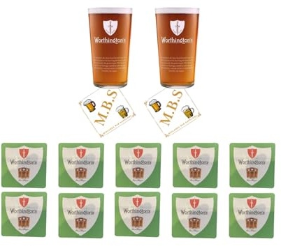 Worthington's Beer Glass Set with 2 Pint Glasses and 10 Beer Mats, Traditional Ale Glassware Collection