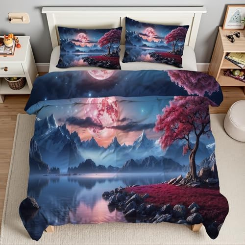 Piumino Singolo Luna Trapunte Albero Fiorito Piumone Imbottito Resistente Lavabile, Super Morbida Trapunta, piumini 160x245 cm in Microfibra Reversibile e 2 Federa 50x80 cmT267