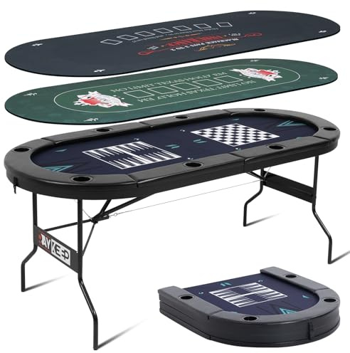 RAYKEEP 4-in-1 Poker Table Foldable, 8 Player Folding Poker Table w/Interchangeable Texas Holdem/Blackjack Game Mat & Built-in Chess/Backgammon Board, Portable Game Table for Home Party（72inch