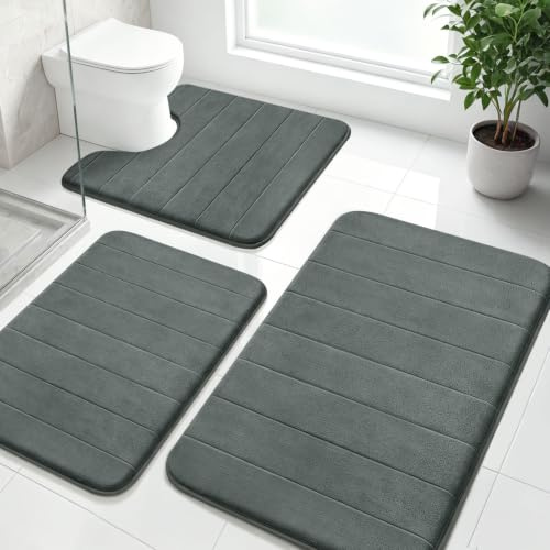 wiipara Badezimmerteppich Set 3 Teilig, Badteppich & WC Vorleger Dunkelgrau | Dicker Memoryschaum, Rutschfeste Badvorleger, Saugfähig, Waschbar, Schnelltrocknend für Bad, Modern Badematte