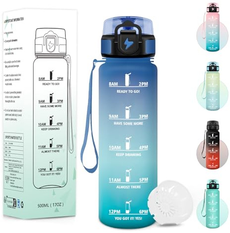 Baramumu Gourde, 500ML Sans BPA, Gourde Enfant, Avec Horodatage, Bouteille Anti Fuite, Conception de Verrouillage Anti-Fuite, Bouteille plastique pour École, Yoga, En cours d'exécution - Bleu&vert