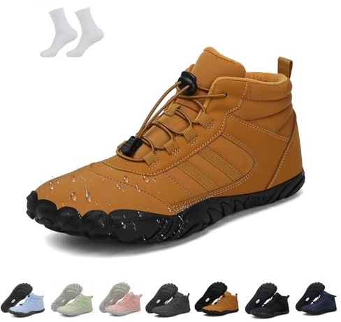SPFPDD Winter Non-Slip & Waterproof Barefoot Shoes, Men Women Hike Winter Barefoot Boots, Comfortable Lightweight Wide Toe Box Warm Thickened Hiking Shoes(Brown,8 Women/6.5 Men)