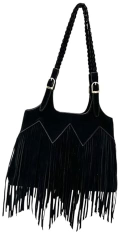 ZRHWSPD Bolsos Retro con Flecos Bolso Bandolera con Borla, Moderno, Cremallera, Grande, Informal, versátil, for desplazamientos Diarios(Black)