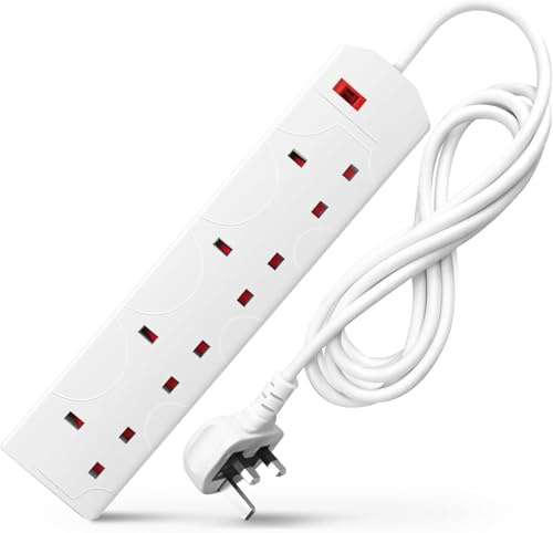 3M Extension Lead with different Way Socket, Heavy Duty Power Strip with Neon Indicator Light, Multi Socket Adapter for Home, Office, Living Room, Camping Essentials,3M Extension Cable. (4 sockets)