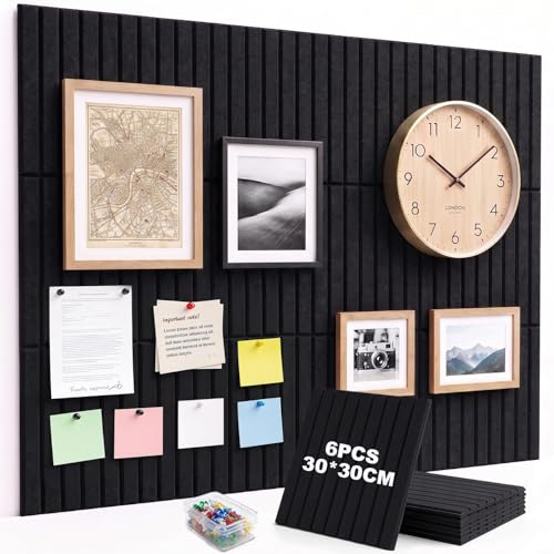 6 Pack Large Cork Board Wall Panels Self Adhesive,90x60cm Felt Pin Board with 30 Notice Board Pins,Bulletin Board for Home Office Kitchen,Vision Board for Photos Memos Wall Decorative (Black)