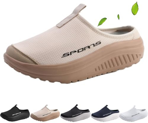 Pantofole comode e traspiranti a punta chiusa con suola a dondolo, stile casual, a maglia, senza schienale, con zeppa e apertura sul retro, cachi, 38.5 EU