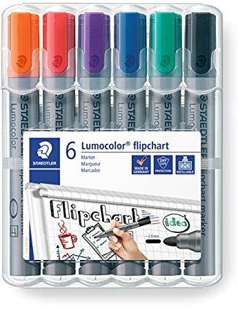 STAEDTLER Flipchart Marker Lumocolor, Rundspitze ca. 2 mm Linienbreite, lange Lebensdauer, nachfüllbar, farbintensiv, geruchsarm, hohe Qualität Made in Germany, Set mit 6 Farben, 356 WP6