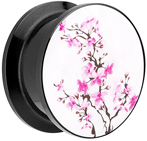 Piersando Ohr Plug Piercing Kunststoff Motiv Comic Picture Flesh Tunnel Ohrplug mit Blumen Schwarz Weiß Pink 12mm