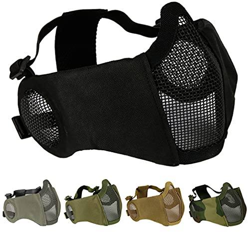 AOUTACC Foldable Airsoft Mask,Half Face Mesh Masks with Ear Protection for Cs War Game, BB Gun,Hunting,Paintball (BK)
