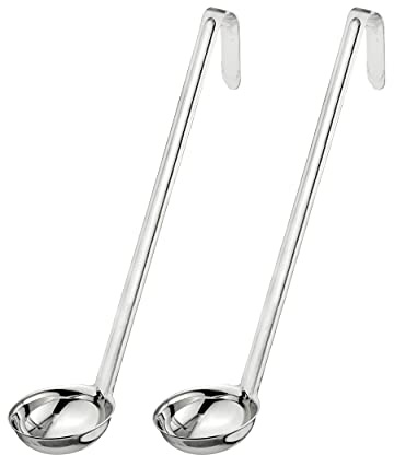Fit Meal Prep [2 Pack] 2 oz Stainless Steel Soup Ladle, One-Piece Sauce Spatula with Hook Handles, Commercial Grade Serving Spoon, Kitchen Tool for Restaurant or Home Cooking, Mirror Finish, 12 Long