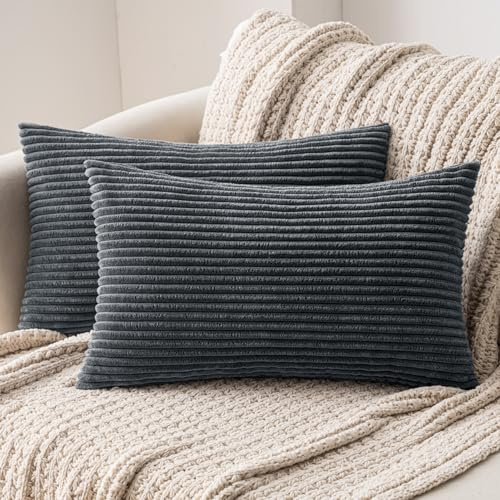 MIULEE 2er Set Kissenbezug 30x50 cm Kord Kissenhülle Sofakissen Dunkelgrau | Dekorative Kissenbezug Couchkissen Dekokissen Zierkissenbezug Deko Kissenhülle mit Verstecktem Reißverschluss