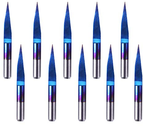 Fraise à rainurer en V de 15 degrés, 0,1 mm en carbure de tungstène avec revêtement bleu Nano Outil de routeur CNC Tige de 0,1 mm pour travail du bois