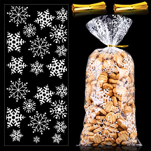 100 Stück Weihnachten Süßigkeiten Tüten, Cellophantüten Schneeflocke Plätzchentüten Klarsichttüten mit 200er Twist Krawatten für Bonbon Plätzchen Süßigkeiten