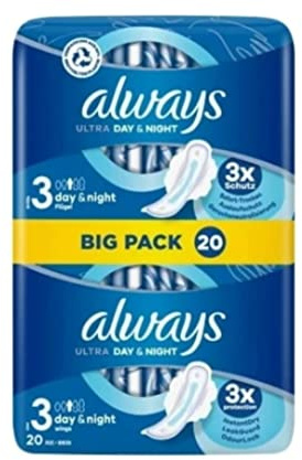 Always Lot de 20 serviettes hygiéniques ultra fines et super absorbantes pour femme Taille 3, jour et nuit (20 serviettes hygiéniques avec ailettes)