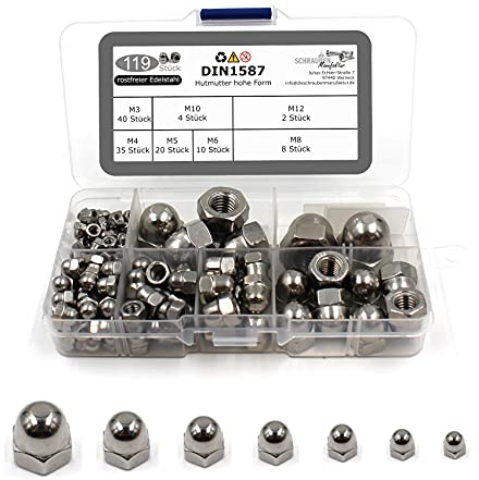 Juego de 119 tuercas de sombrerete de alta forma según DIN 1587, acero inoxidable A2 V2A, tuercas hexagonales, tamaños M3, M4, M5, M6, M8, M10, M12