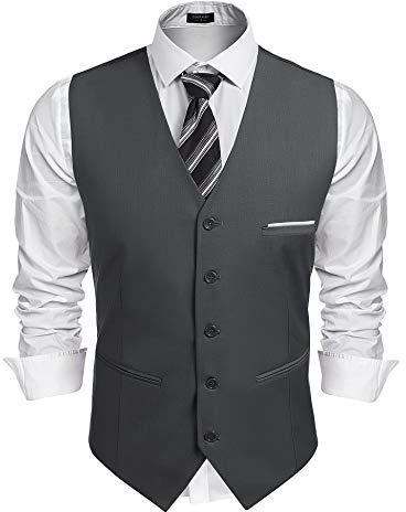 COOFANDY Chaleco de traje para hombre con cuello en V chaleco elegantes de traje para halecos de negocios gris oscuro S