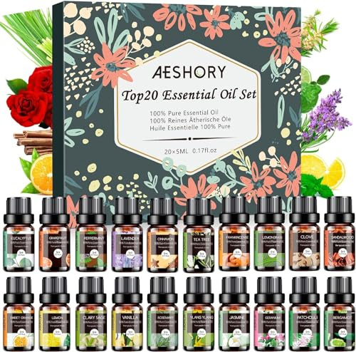 Aeshory Essential Oils Set 20 x 5ml, Natural Pure Essential Oil for Diffusers for Home, Humidifier, Aromatherapy, Relaxing, Cleaning, Candle Scents, Perfume, Soap Making