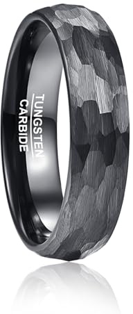 Vakki Gehämmerter Wolframcarbid Ring - Herren Schwarz, Gebürstet, 6mm, Größe 65(20.7)