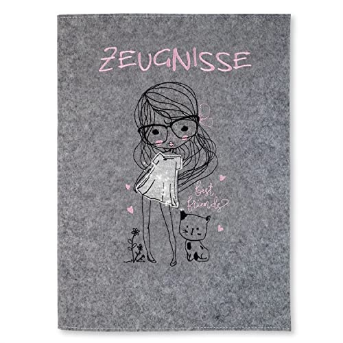 Zeugnismappe mit Wollfilzumschlag - Mädchen mit Katze - 100% Wollfilz - Ohne Namen - Grau Glitzer