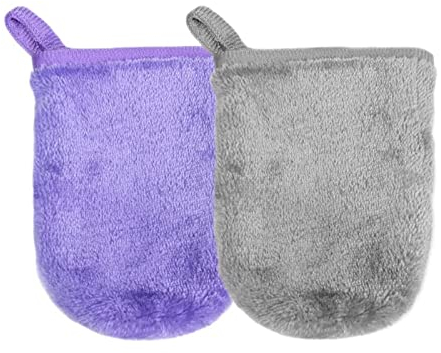 Gant Démaquillant Microfibre Réutilisable Démaquillant Chiffon Gant Nettoyant Visage 9cm x 12cm 2 pièces gris et violet
