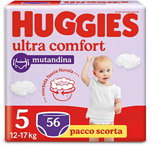 Pannolini Huggies Little Movers Mutandine Taglia 5 (12-17 Kg), Ultra assorbenti, Protezione completa, Pacco Scorta, 56 Pz