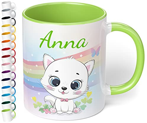 Kinder-Tasse mit Namen „Weiße Katze mit Regenbogen-Motiv“ – personalisierte Namenstasse für Jungen und Mädchen - rundum bedruckt – schönes Geschenk zu Weihnachten, Geburtstag (Hellgrün)