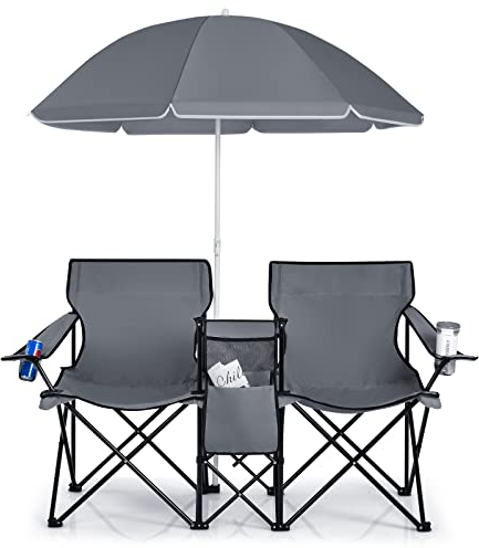 COSTWAY 2-Sitzer Campingstuhl mit Sonnenschirm, Kühltasche, Getränkehalter & Seitentasche, klappbarer Angelstuhl mit Tragetasche, Faltstuhl, Klappstuhl für Camping, Angeln, Picknick (Grau)