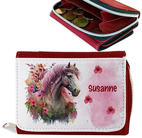 Geschenke364 Geldbeutel rot mit Name und Design Pferd mit Blumen Mädchen Geldbörse (rosa)