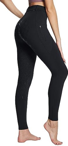baleaf Damen Winter-Fleece-Reithose Vollbesatz Reißverschluss-Taschen Leggings Schwarz L